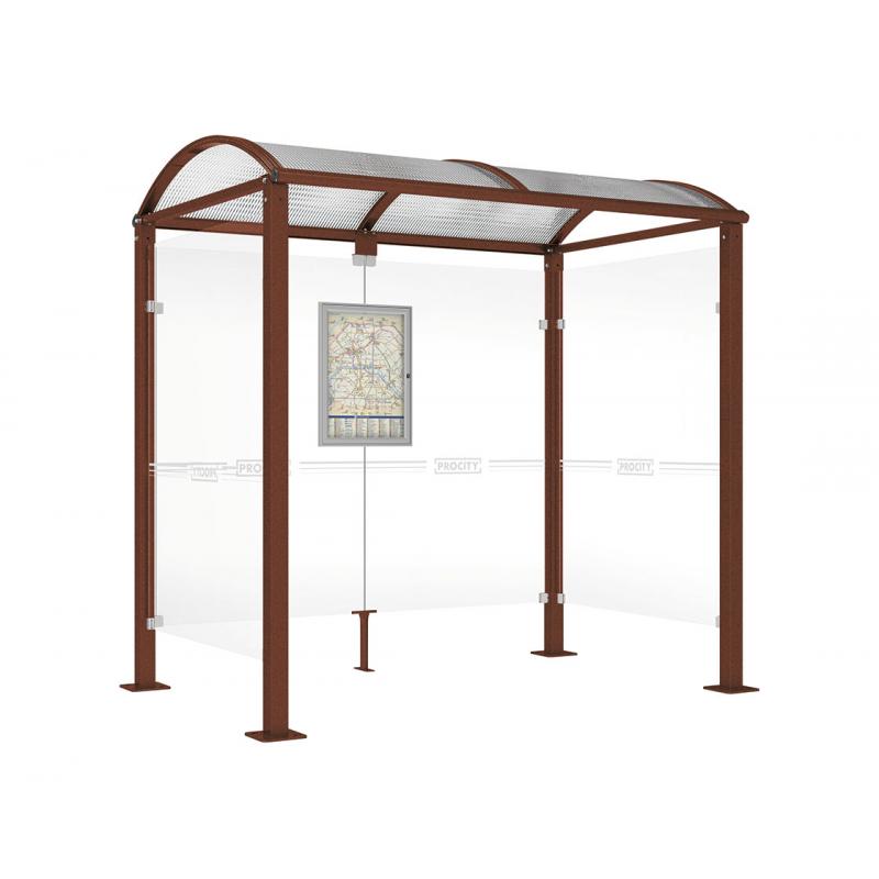 square post bus shelter with 2 side panels corton effect