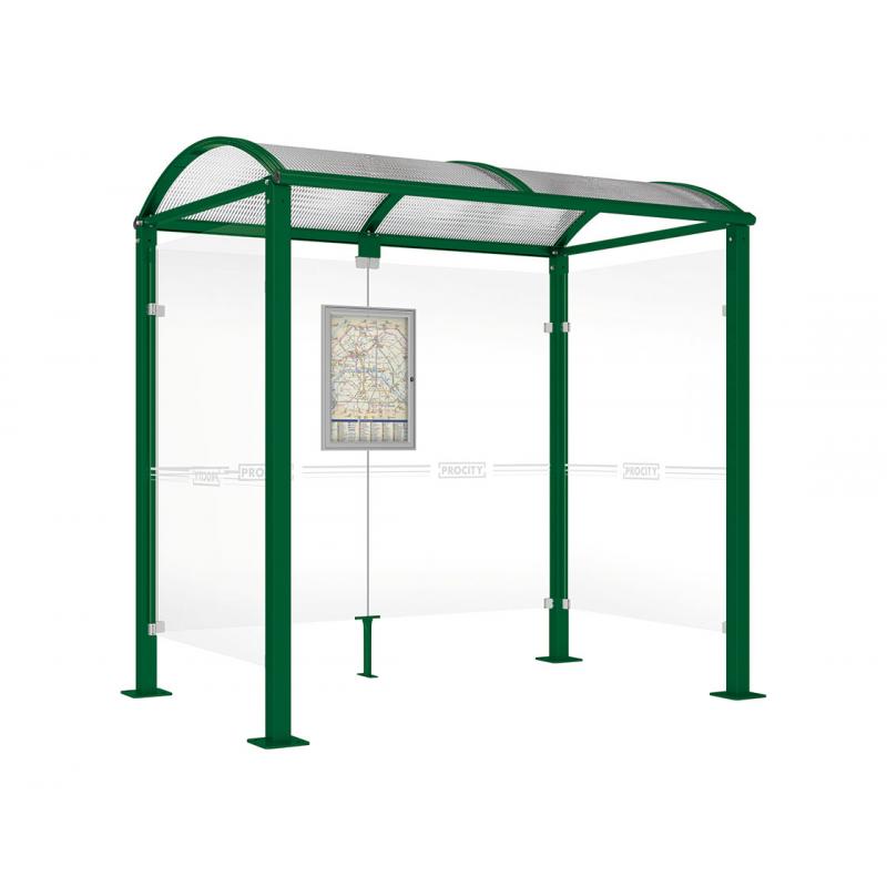 square post bus shelter with 2 side panels green