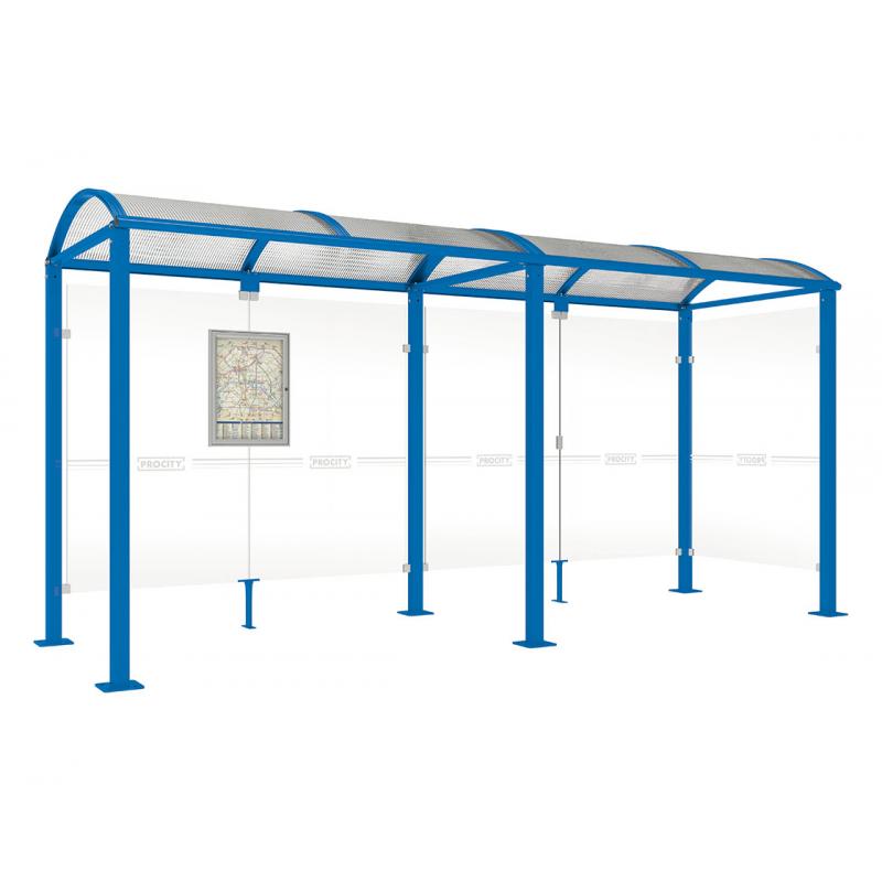 square post bus shelter with extension and 1 side panel blue