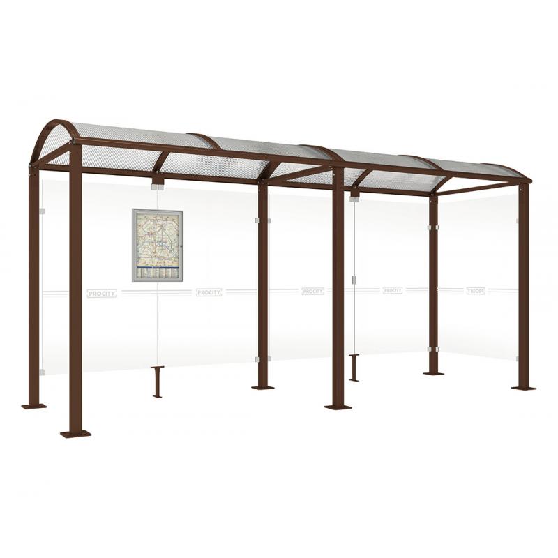 square post bus shelter with extension and 1 side panel brown