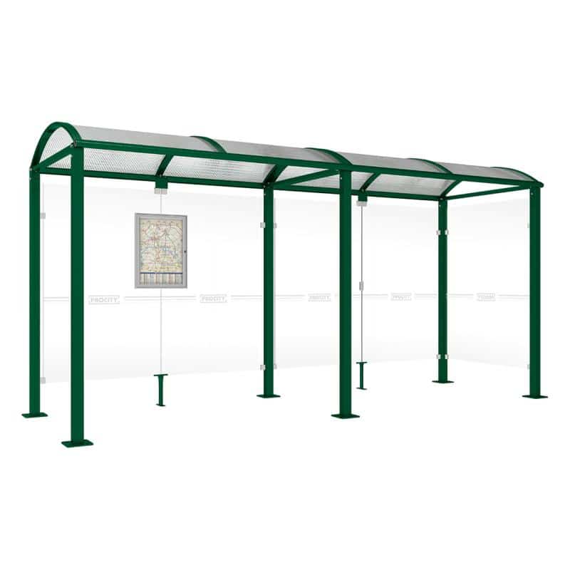 square post bus shelter with extension and 1 side panel green