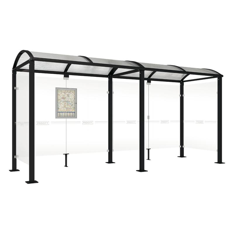 square post bus shelter with extension and 2 side panels black