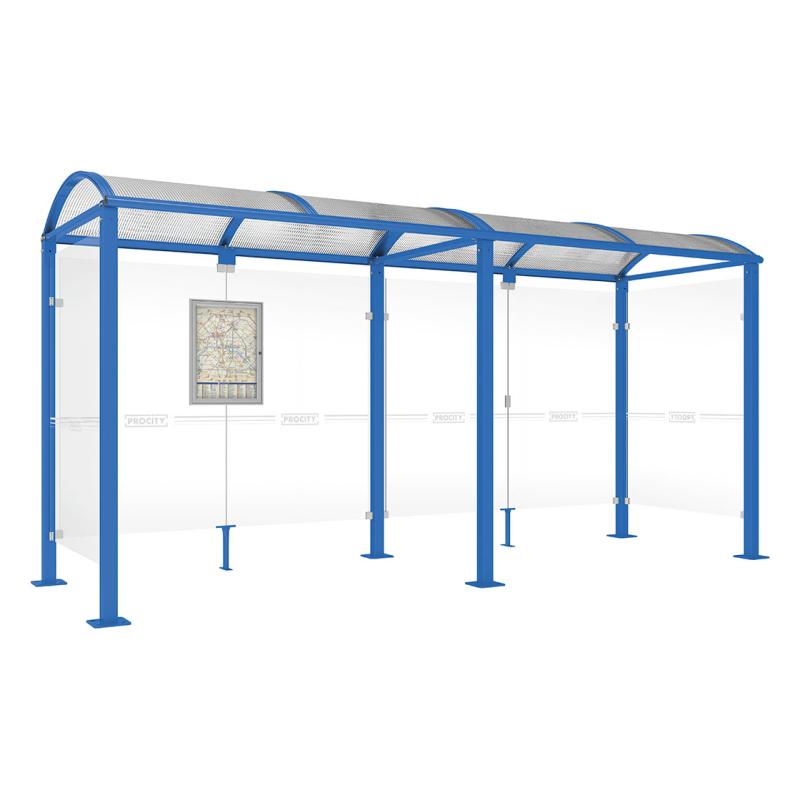 square post bus shelter with extension and 2 side panels blue