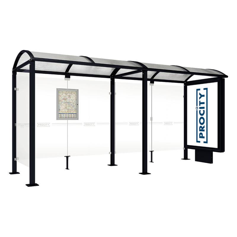 square post bus shelter with extension lightbox and side panel black
