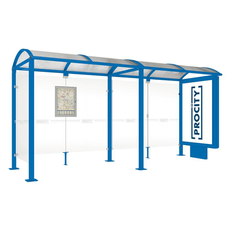 square post bus shelter with extension lightbox and side panel blue