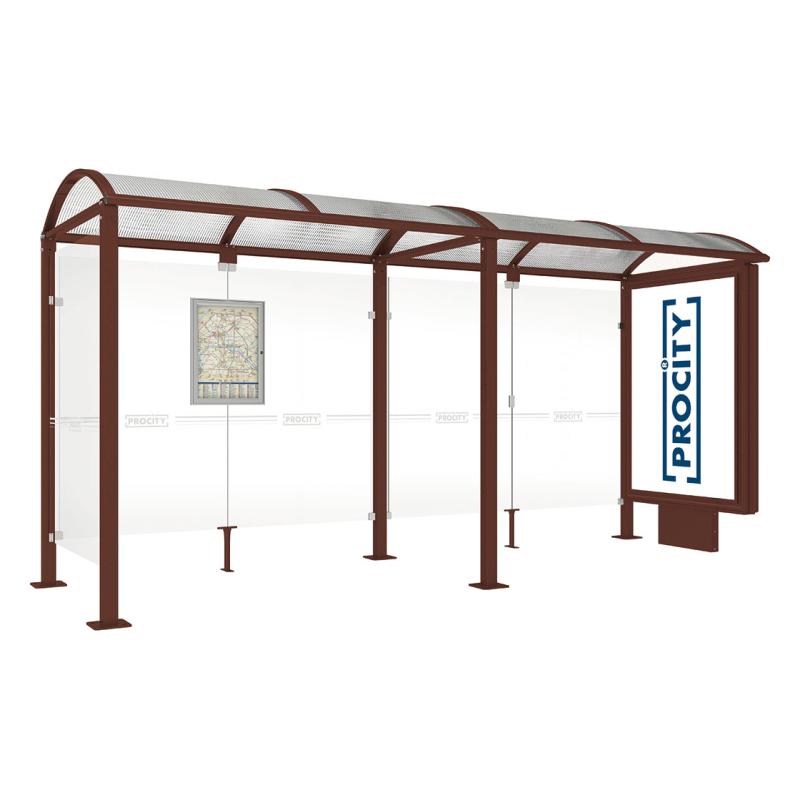 square post bus shelter with extension lightbox and side panel corton effect