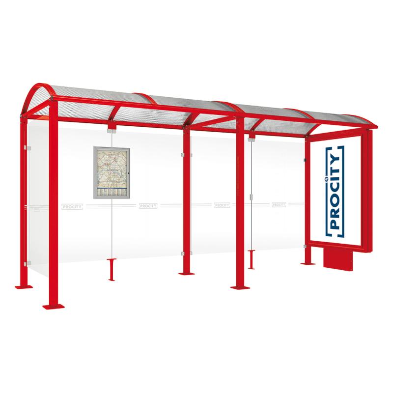 square post bus shelter with extension lightbox and side panel red3020