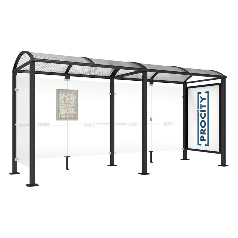 square post bus shelter with extension poster case and side panel black
