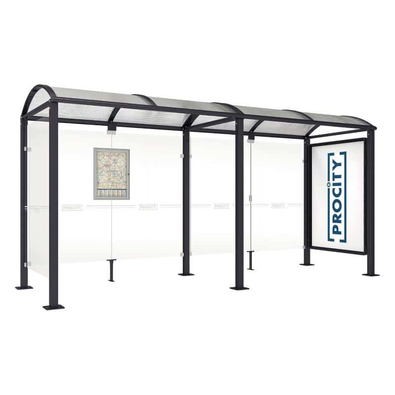 square post bus shelter with extension poster case and side panel black