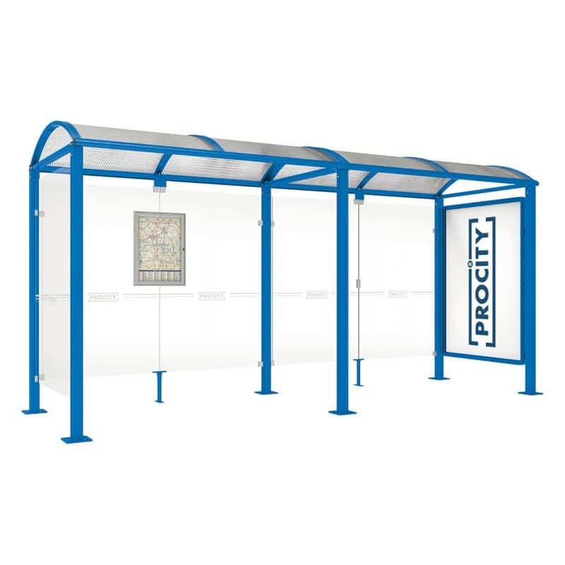 square post bus shelter with extension poster case and side panel blue