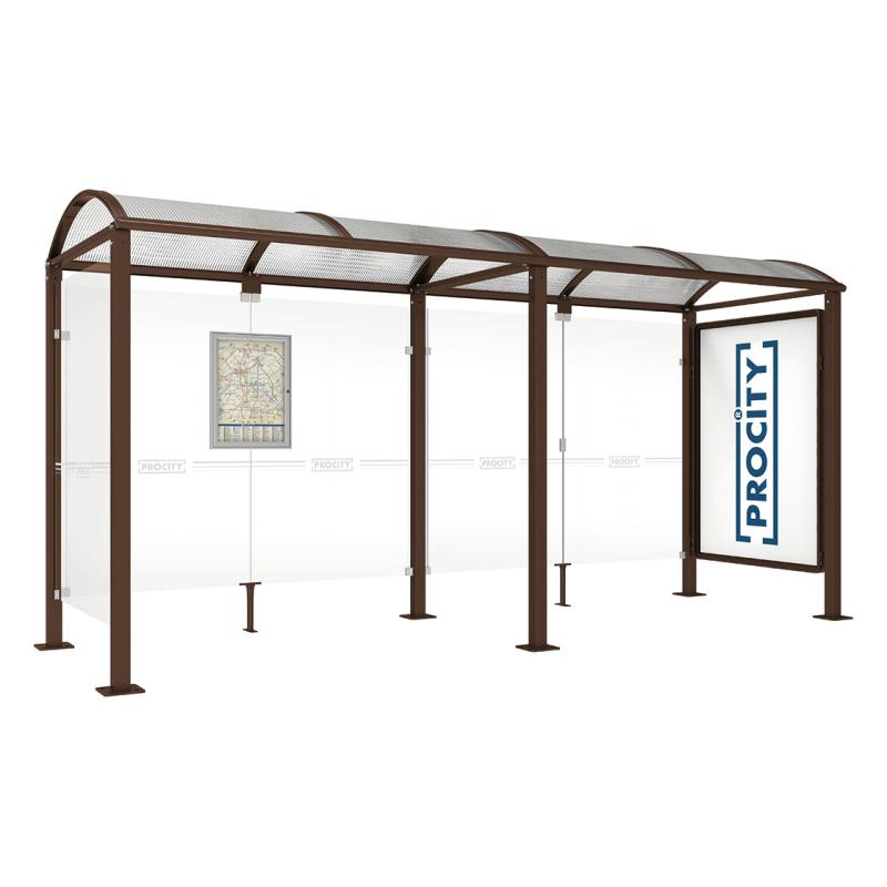 square post bus shelter with extension poster case and side panel brown