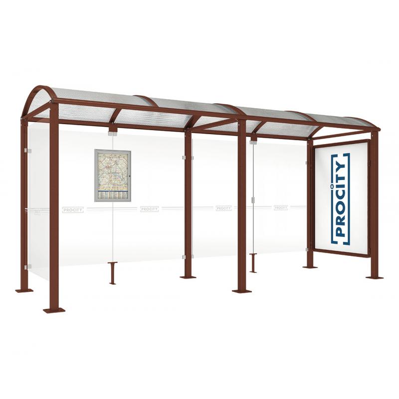 square post bus shelter with extension poster case and side panel corton effect