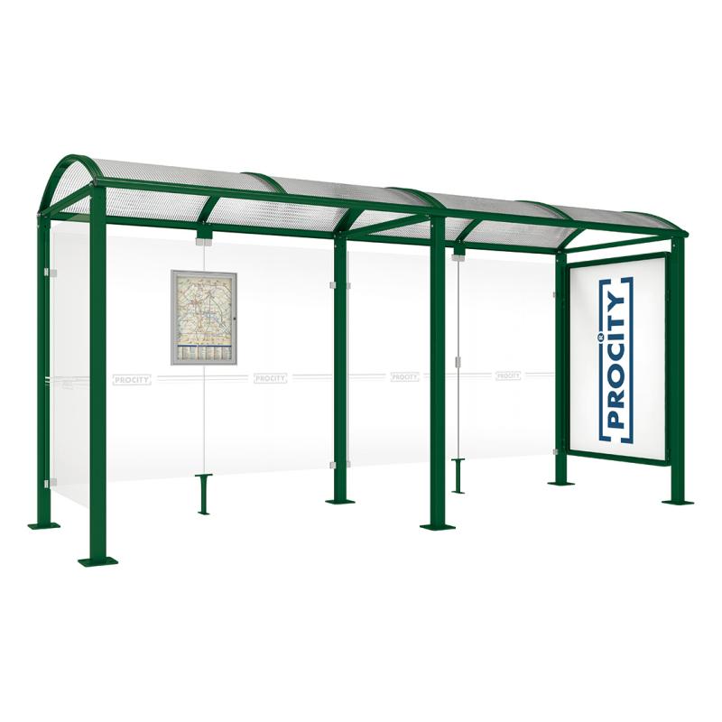 square post bus shelter with extension poster case and side panel green