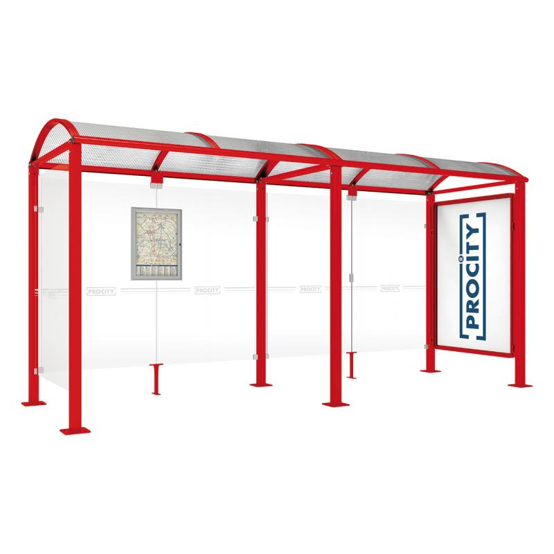 square post bus shelter with extension poster case and side panel red3020