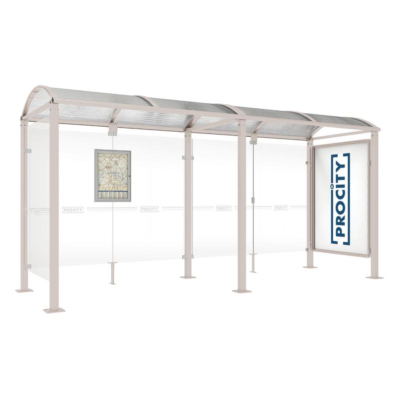 square post bus shelter with extension poster case and side panel silver grey
