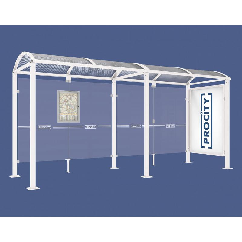 square post bus shelter with extension poster case and side panel white