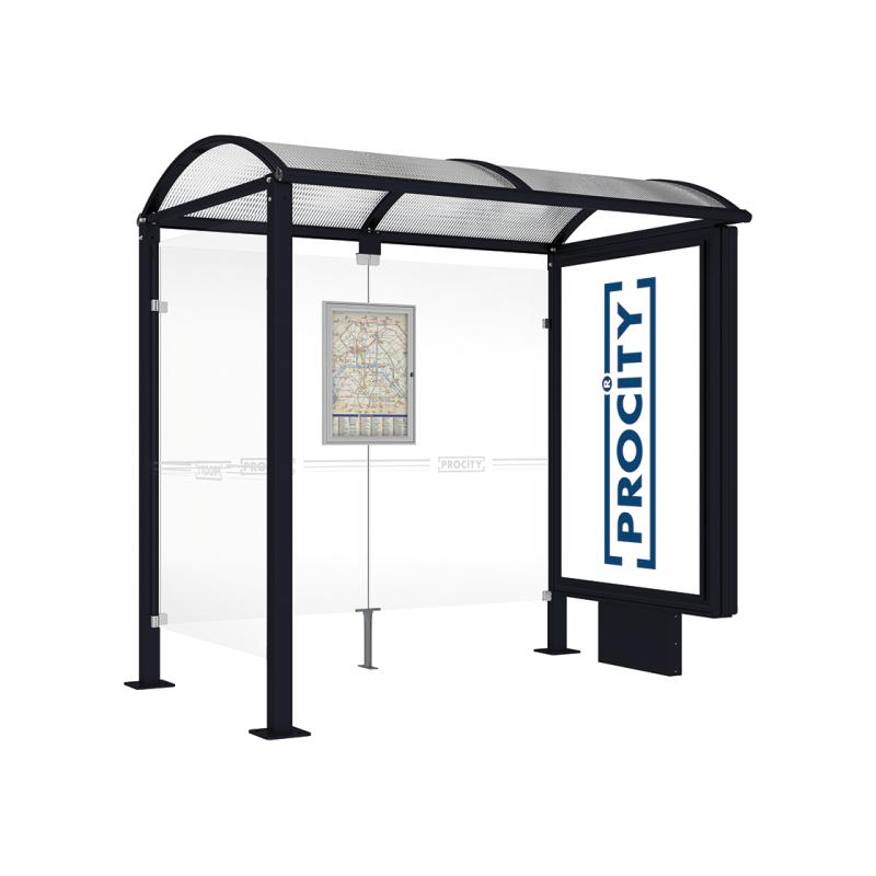 square post bus shelter with lightbox and side panel black