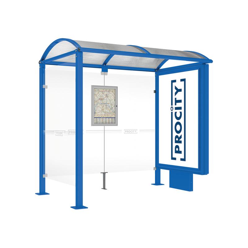 square post bus shelter with lightbox and side panel blue