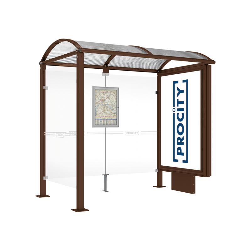 square post bus shelter with lightbox and side panel brown