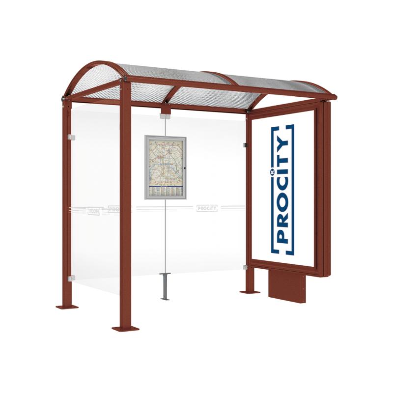 square post bus shelter with lightbox and side panel corton effect