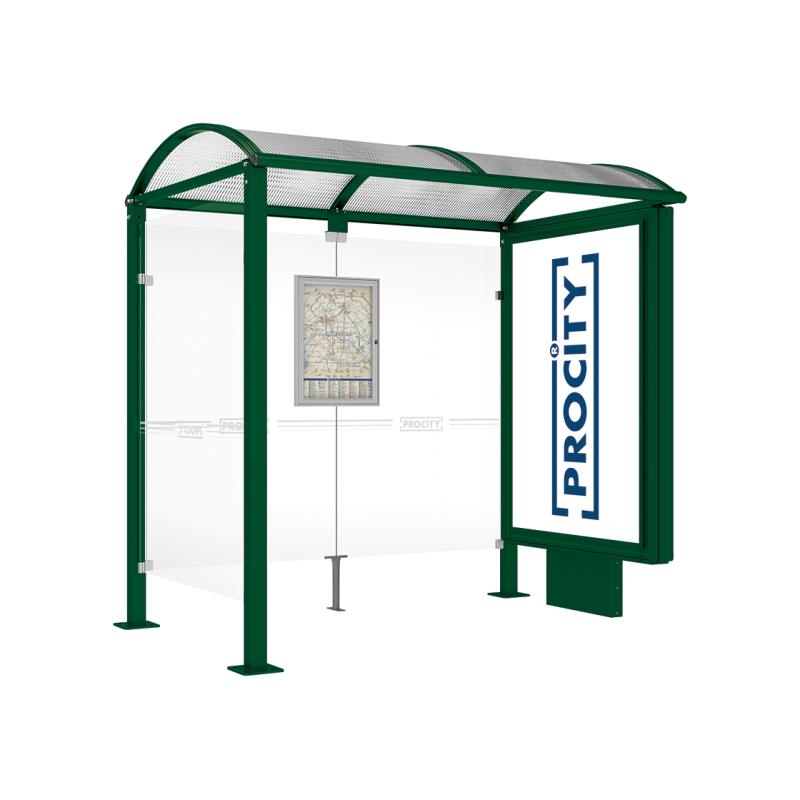 square post bus shelter with lightbox and side panel green