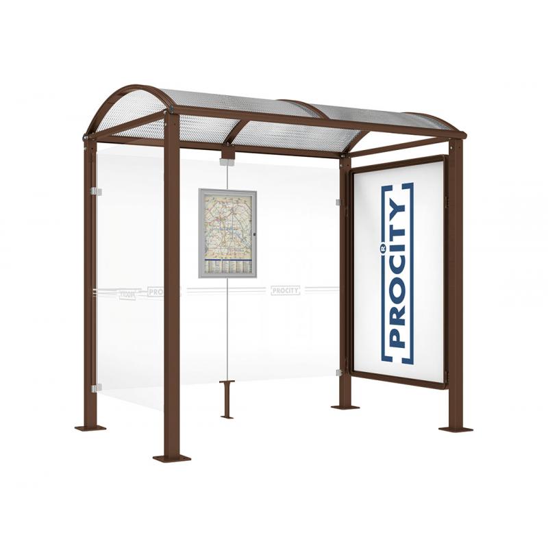 square post bus shelter with poster case and side panel brown