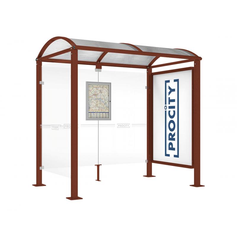 square post bus shelter with poster case and side panel corton effect