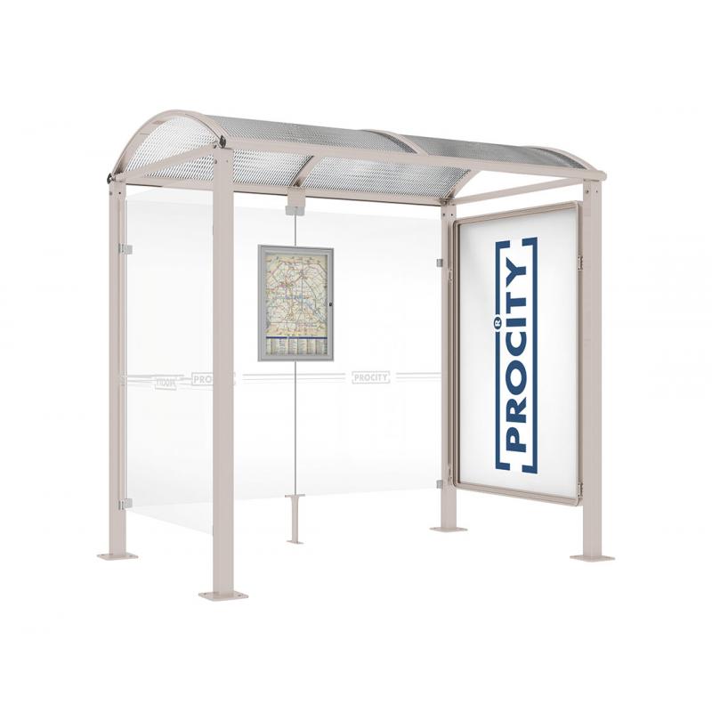 square post bus shelter with poster case and side panel silver grey
